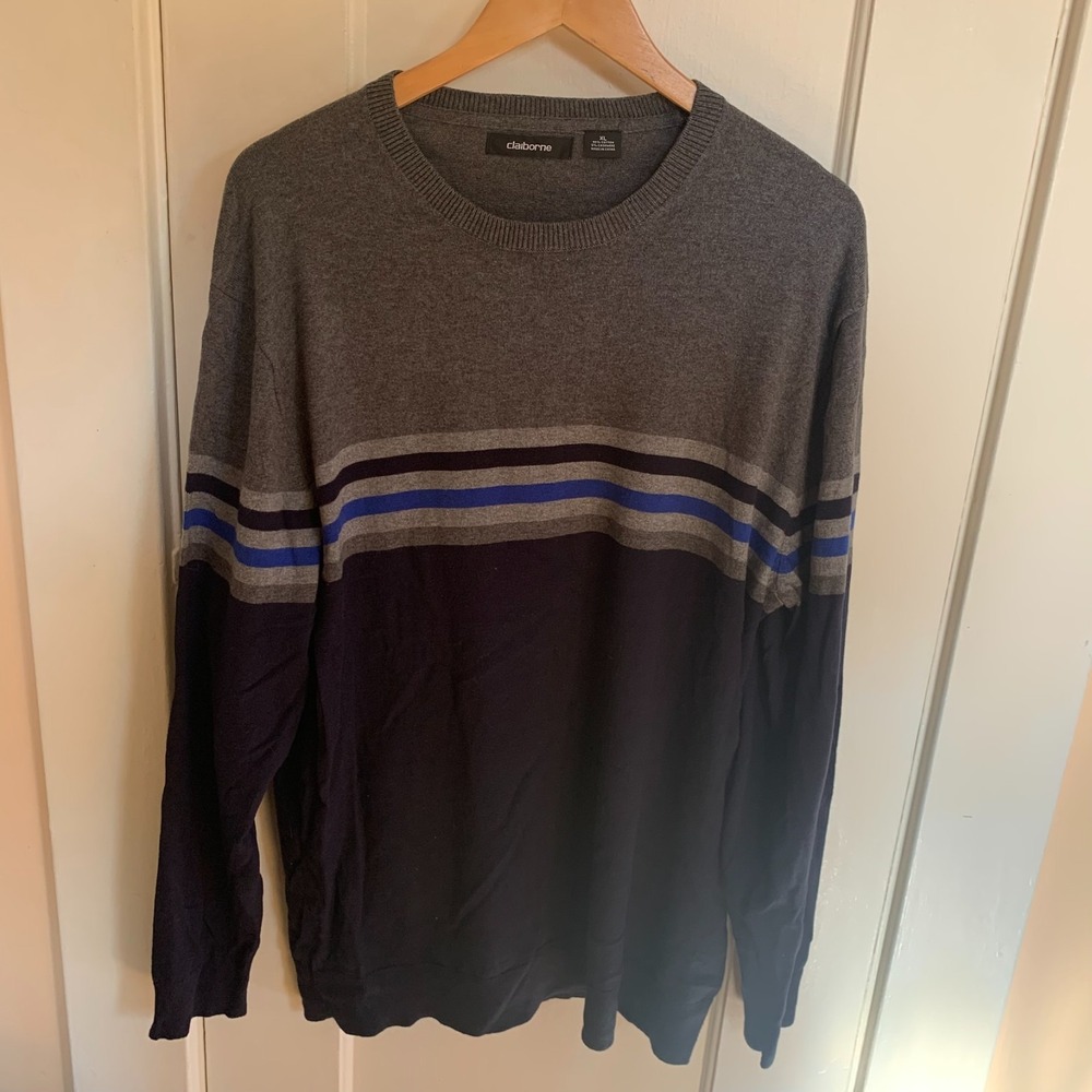 Claiborne Mens XL Cotton Cashmere Crewneck Sweater Gray Navy Blue Striped